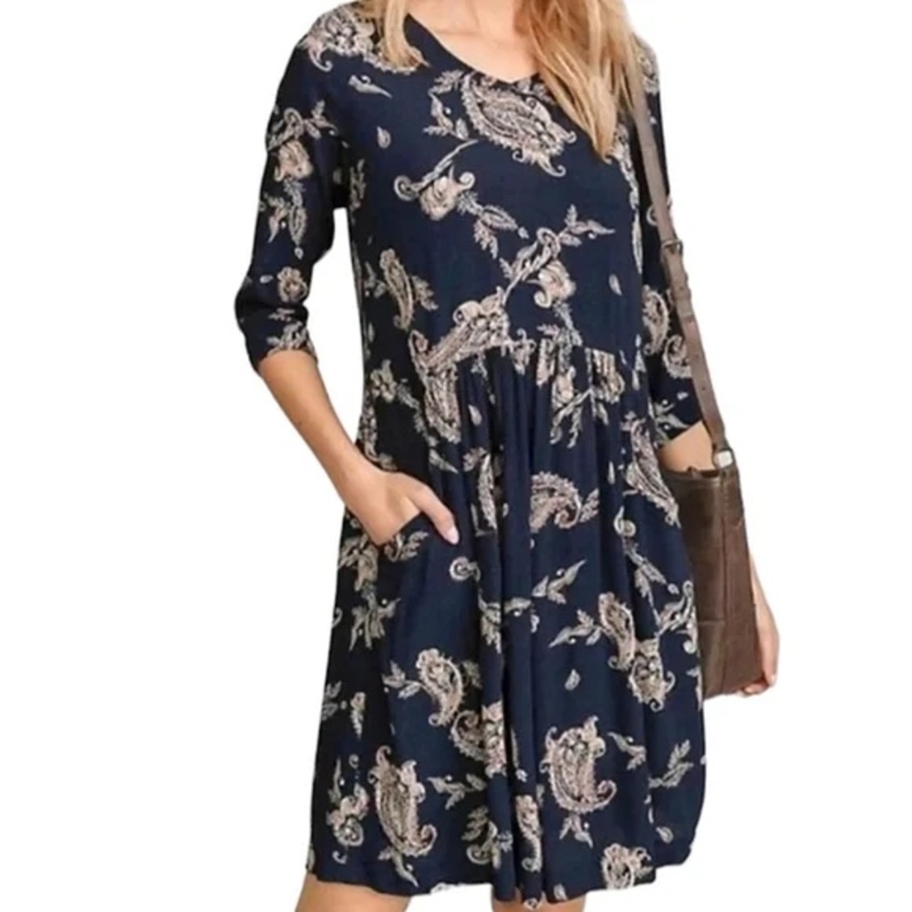 Garnet Hill Blue Paisley Print Bohemian Pocket Detail 3/4 Sleeve Mini Dress Sz 8